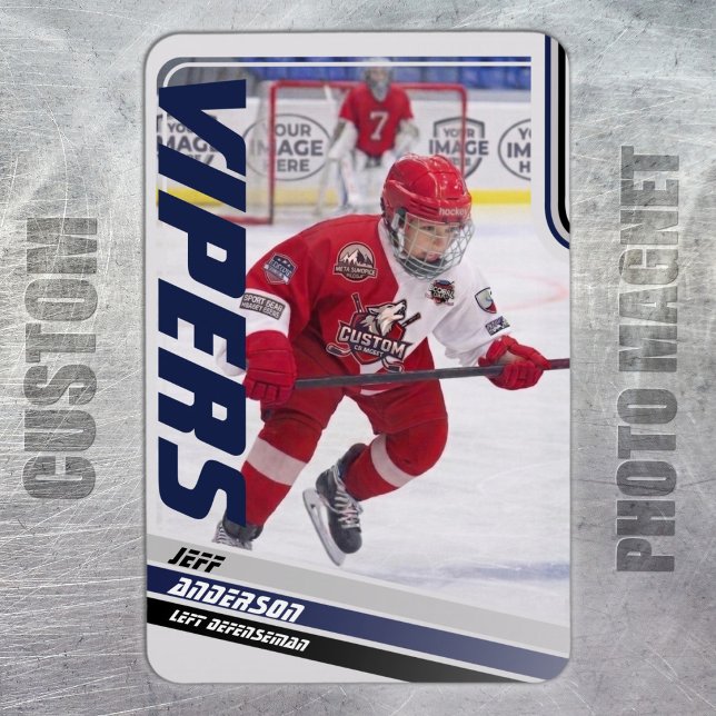 Blue Ice Hockey Trading Card Magnet (Ice Hockey Trading Card Magnet: Dynamic blue design with green & black stripes. Perfect for kids!)