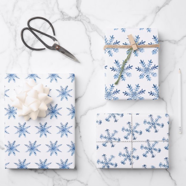 Blue Ice Winter Schneeflocken Muster für Weihnacht Geschenkpapier Set (Vorderseite)