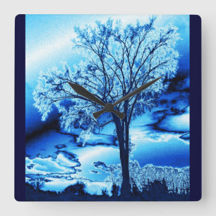 Blue Iced Tree Wall Clock Quadratische Wanduhr
