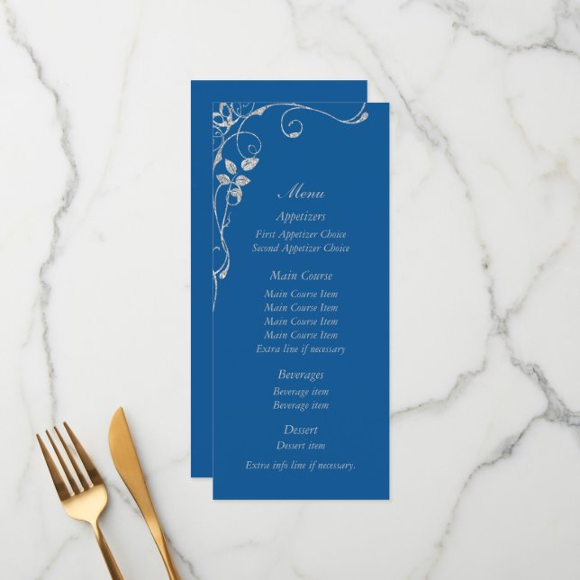 Blue Imitate Diamond Heart Swirl Wedding Menu Menükarte (Vorderseite/Rückseite Beispiel)