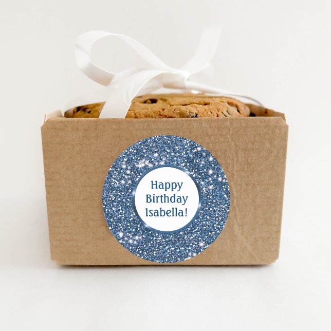 Blue Imitate Glitzer Texture Custom Happy Geburtst Runder Aufkleber (Ideal for decorating birthday presents or party favors, for example.)