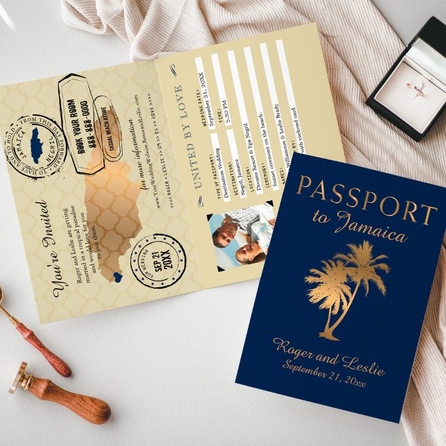Blue Imitate Gold Foil Jamaica Wedding Passport Einladung (Von Creator hochgeladen)