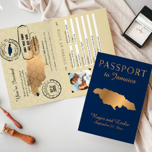 Blue Imitate Gold Foil Jamaica Wedding Passport Einladung