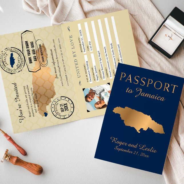 Blue Imitate Gold Foil Jamaica Wedding Passport Einladung (Von Creator hochgeladen)