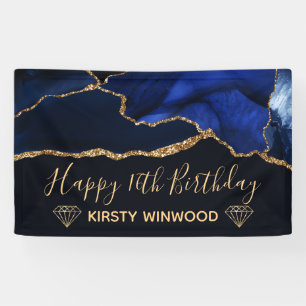 Blue & Imitate Gold Glitzer Agate Sweet 16 Banner