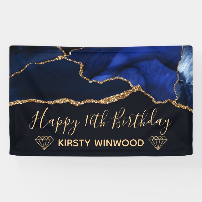 Blue & Imitate Gold Glitzer Agate Sweet 16 Banner (Horizontal)