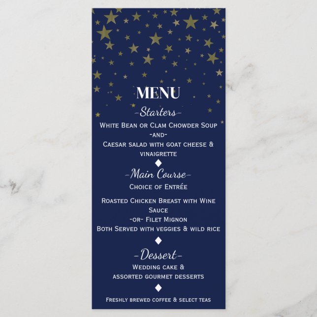 Blue & Imitate Gold Stars Wedelmenu Card Menükarte (Vorderseite)