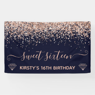 Blue & Imitate Rose Gold Glitzer Sweet 16 Banner