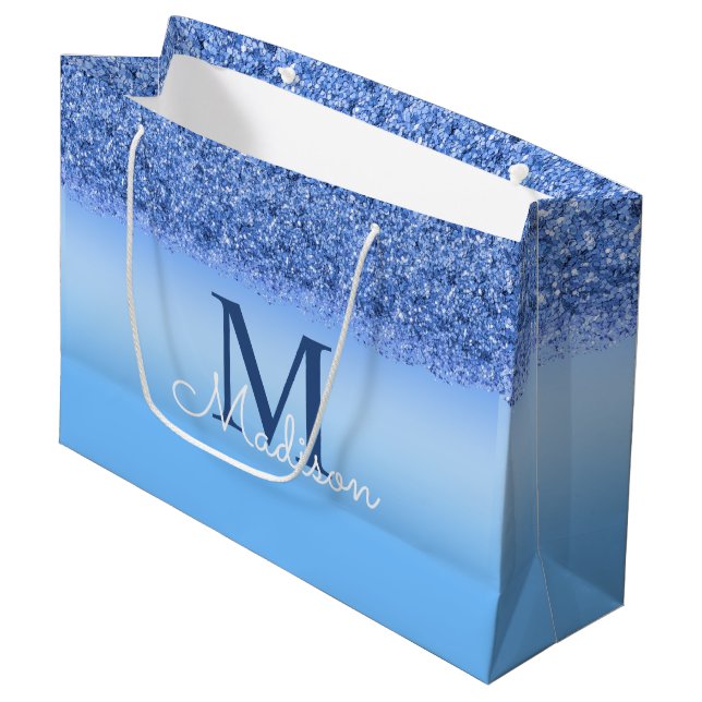 Blue Imitats Glitzer Monogram Elegant Große Geschenktüte (Vorderseite Schrägansicht)