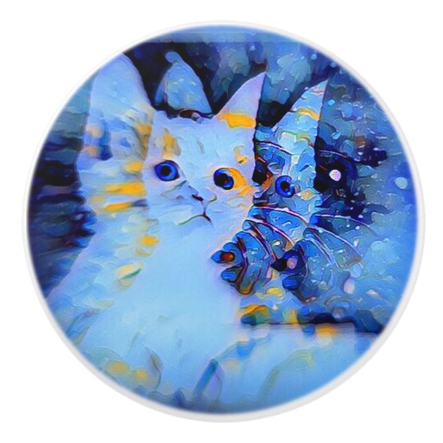 Blue Impressionist Style Kitten Art für Katzen Lie Keramikknauf (Vorderseite)