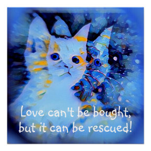 Blue Impressionist Style Kitten Rescue Liebe Quote Poster