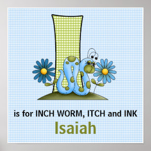 Blue Inch Worm Monogram Letter I Baby Room Poster