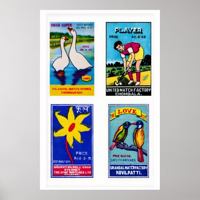Blue Indian Matchbox Labels Grid Print, Vintage Poster (Vorne)