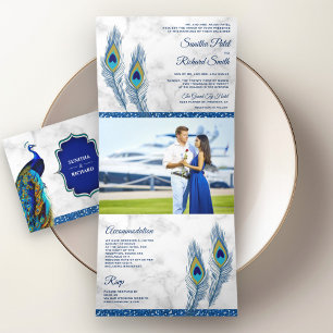 Blue Indian Peacock Feathers Wedding aus weißem Ma Dreifach Gefaltete Einladung
