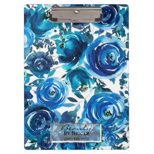 Blue Indigo Floral Blume Elegant Personalisiert Klemmbrett