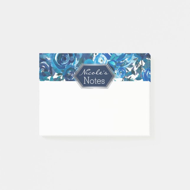 Blue Indigo Floral Blume Elegante schicke Hochzeit Post-it Klebezettel (Vorderseite)