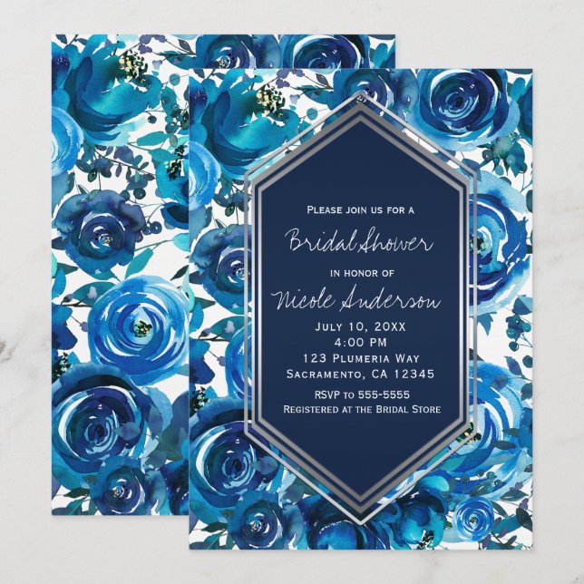 Blue Indigo Floral Blume Elegantes Brautparty Einladung (Vorne/Hinten)
