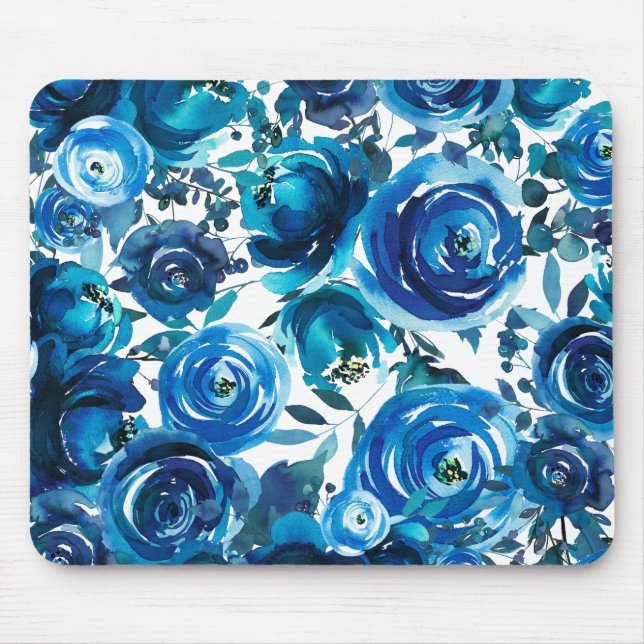 Blue Indigo Floral Blume Elegantes Shabby Chic Mousepad (Vorne)