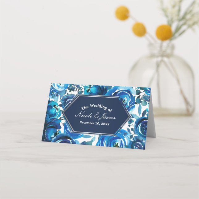Blue Indigo Floral Blume Hochzeitstisch Platzkarte (Vorderseite)