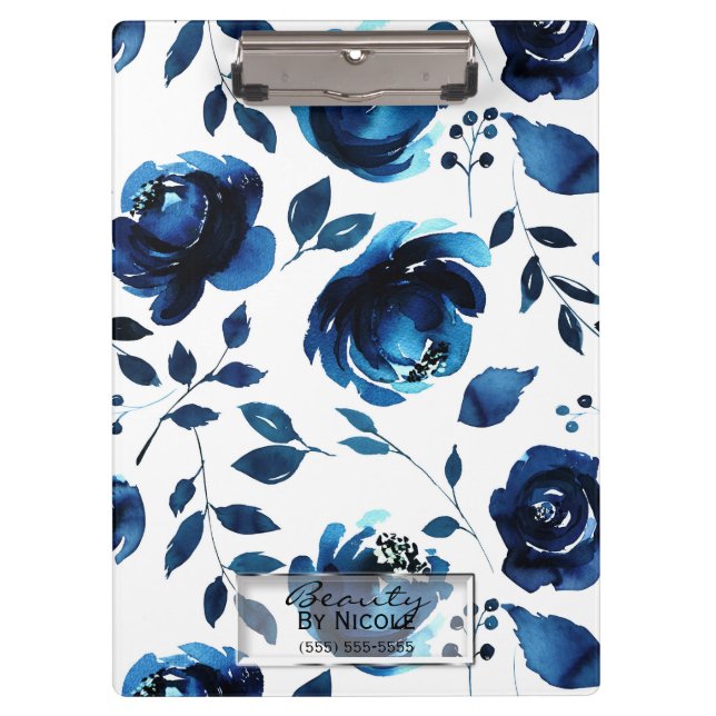 Blue Indigo Shabby Chic Glam Floral Personalisiert Klemmbrett (Vorderseite)