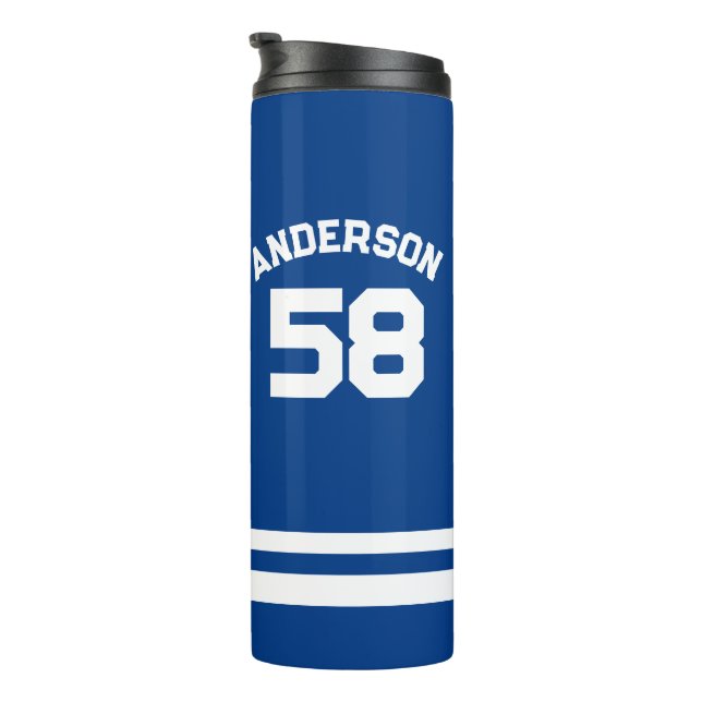 Blue Individuelle Name & Number Sports Fan Thermosbecher (Nach rechts gedreht)