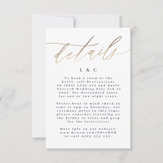 Blue Info Unterkunft Gold Wedding RSVP Karte (Vorderseite)