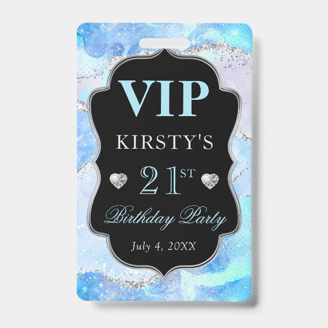 Blue Iridescent Silver Glitzer Agate Birthday VIP Ausweis (Vorderseite)