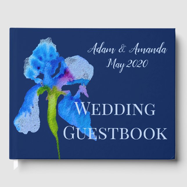Blue Iris Aquarell Art Hochzeit Gästebuch (Vorderseite)