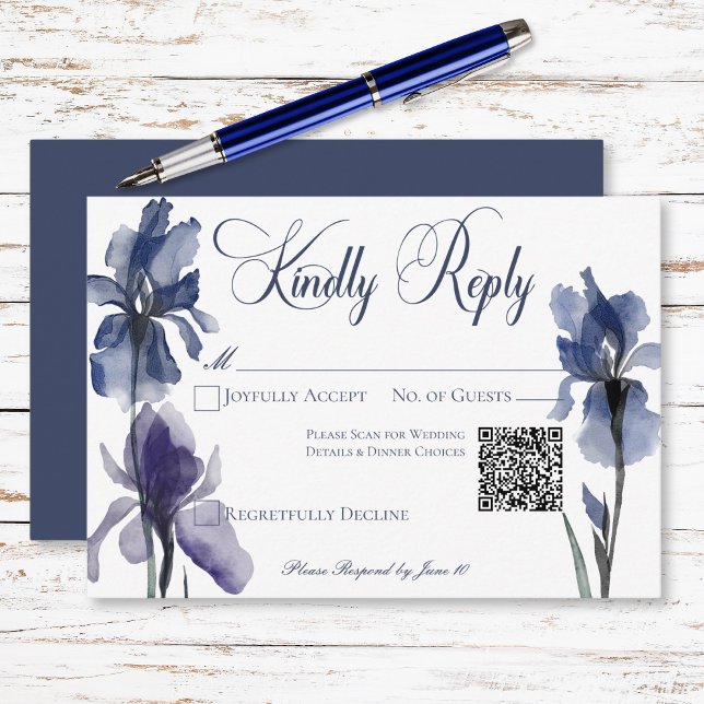 Blue Iris Blume Moderner QR-Code für Hochzeiten RSVP Karte (Blue Iris Flowers Modern Wedding QR Code RSVP Card)