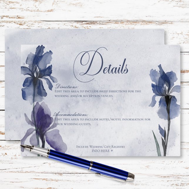 Blue Iris Blume Modernes Blue Wedding Details Begleitkarte (Blue Iris Flowers Modern Blue Wedding Details Enclosure Card)