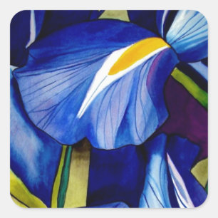 Blue Iris Blume Original Aquarellmalerei Quadratischer Aufkleber