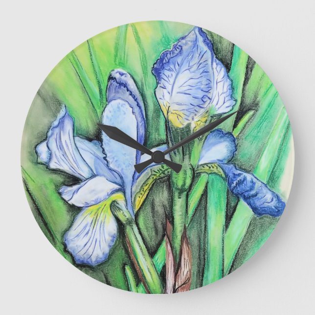 Blue Iris Blume Originale Kunst Zeichnend Blumenst Große Wanduhr (Vorderseite)
