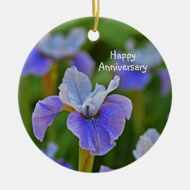 Blue Iris Blumen Portrait Personalisiertes Jubiläu Keramik Ornament (Vorne)