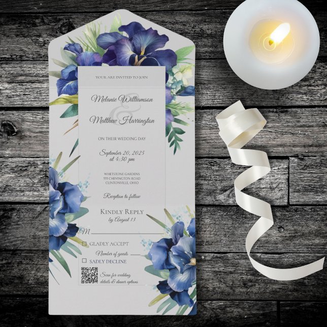 Blue Iris Bouquets auf Grau mit QR-Code All In One Einladung (Von Creator hochgeladen)