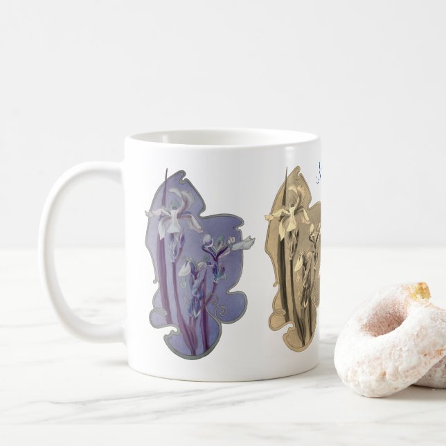 Blue Iris Floral Art Sepia Personalisiert Kaffeetasse (Mit Donut)