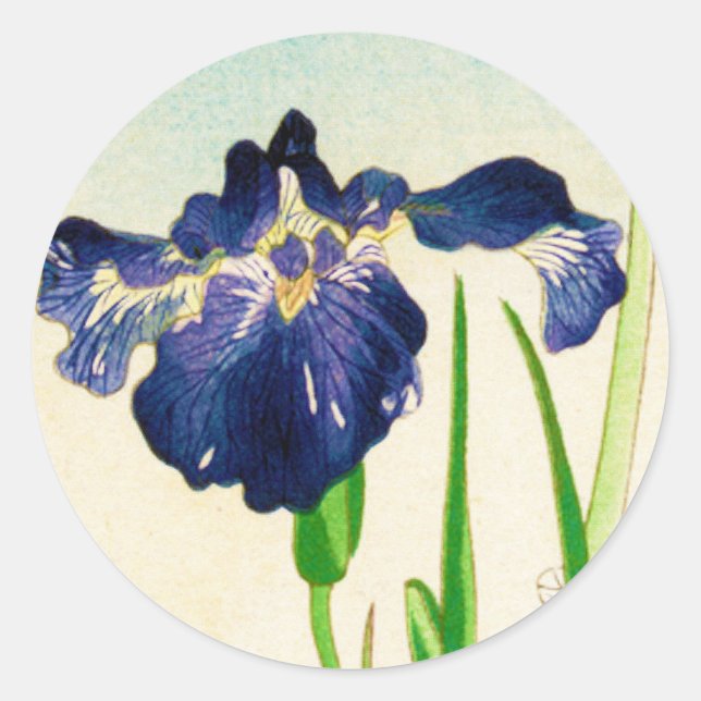 Blue Iris - Japanischer Aquarelldruck Runder Aufkleber (Vorderseite)