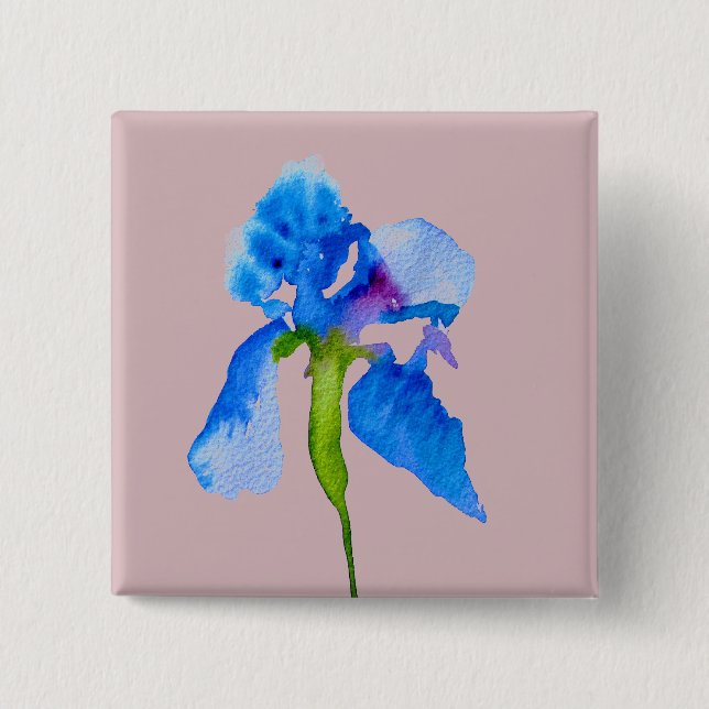 Blue Iris moderne Aquarellkunst Button (Vorderseite)