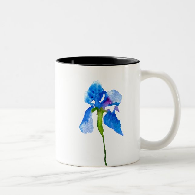 Blue Iris moderne Aquarellkunst Zweifarbige Tasse (Rechts)
