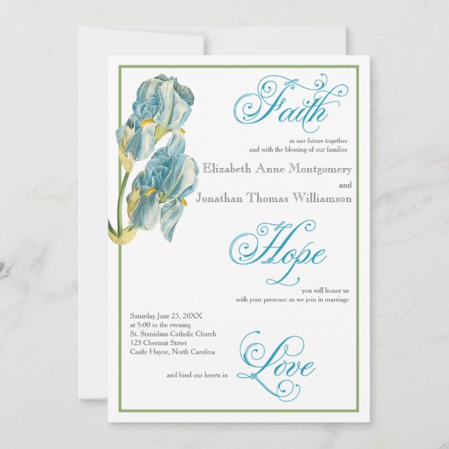 Blue Iris Script Christliche Hochzeitseinladung Einladung (Vorderseite)