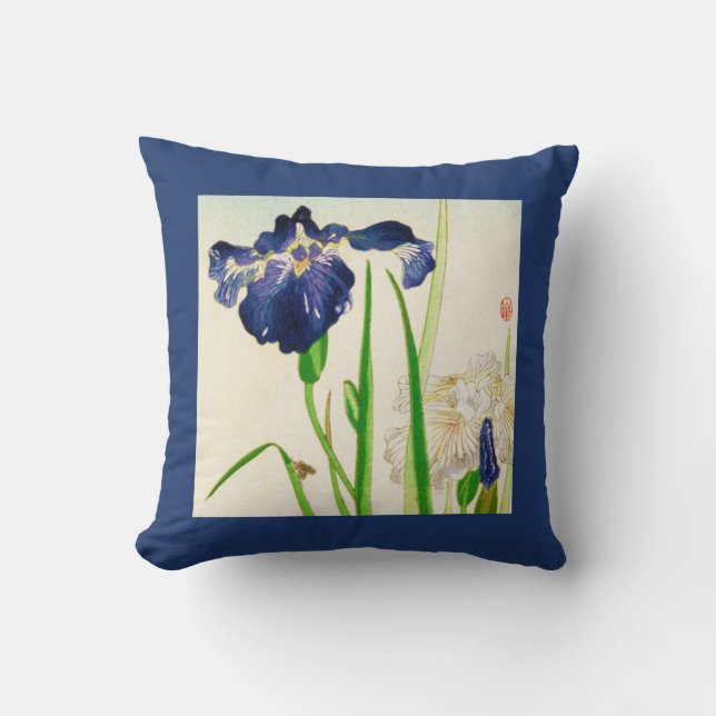 Blue Iris, Vintager japanischer Aquarelldruck Kissen (Vorderseite)