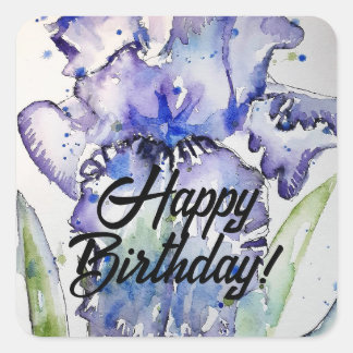 Blue Iris Watercolor Happy Birthday Balloon Quadratischer Aufkleber