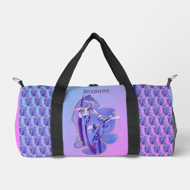 Blue Irises floral Art Personalisiert Duffle Bag (Vorderseite)