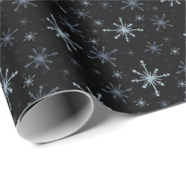 Blue-ish Gray Snowflakes on a Black Background Geschenkpapier