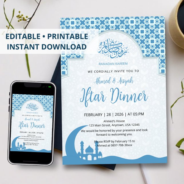 Blue Islamic Pattern Iftar Dinner Invitation Einladung (Von Creator hochgeladen)