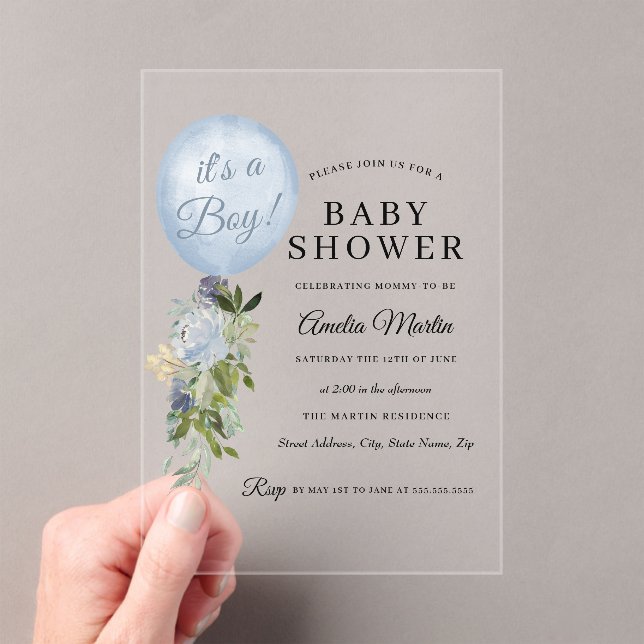 Blue It is a Boy Balloon Baby Shower Acryleinladungen (Insitu (Handheld))