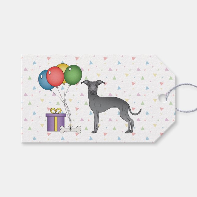 Blue Italian Greyhound Cartoon Dog Happy Birthday Geschenkanhänger (Vorderseite (Horizontal))
