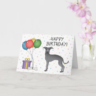 Blue Italian Greyhound Cartoon Dog Happy Birthday Karte