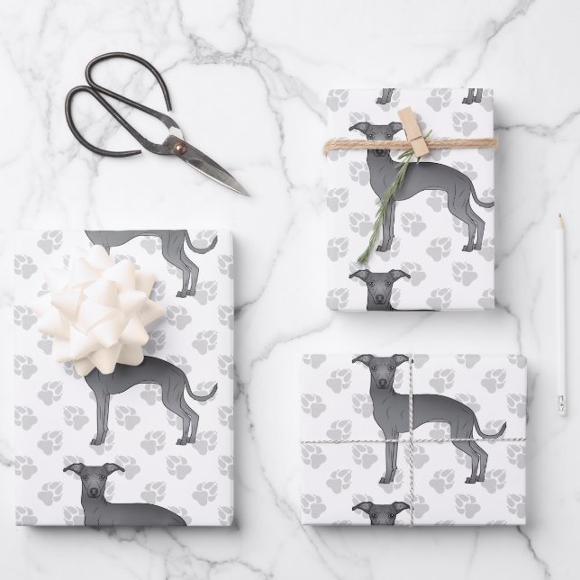 Blue Italian Greyhound Cartoon Hunde mit Paws Geschenkpapier Set (Vorderseite)