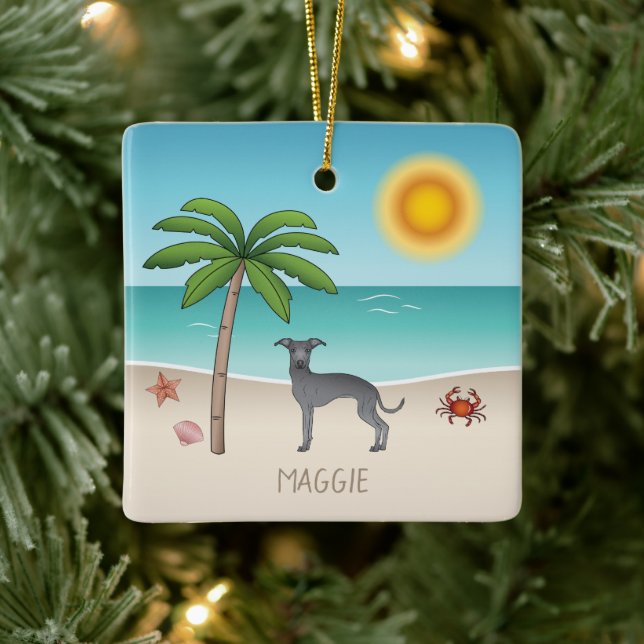Blue Italian Greyhound im Tropical Summer Beach Keramikornament (Baum)