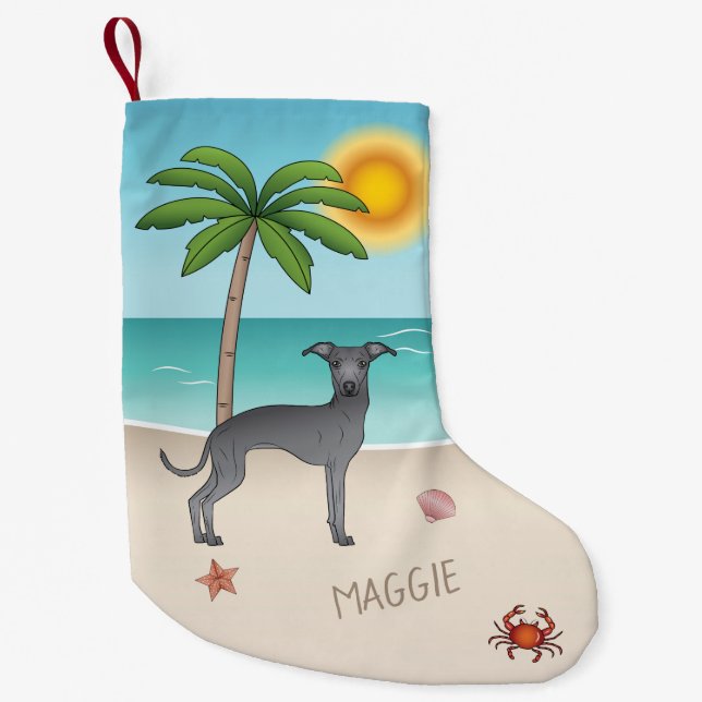 Blue Italian Greyhound im Tropical Summer Beach Kleiner Weihnachtsstrumpf (Vorderseite)